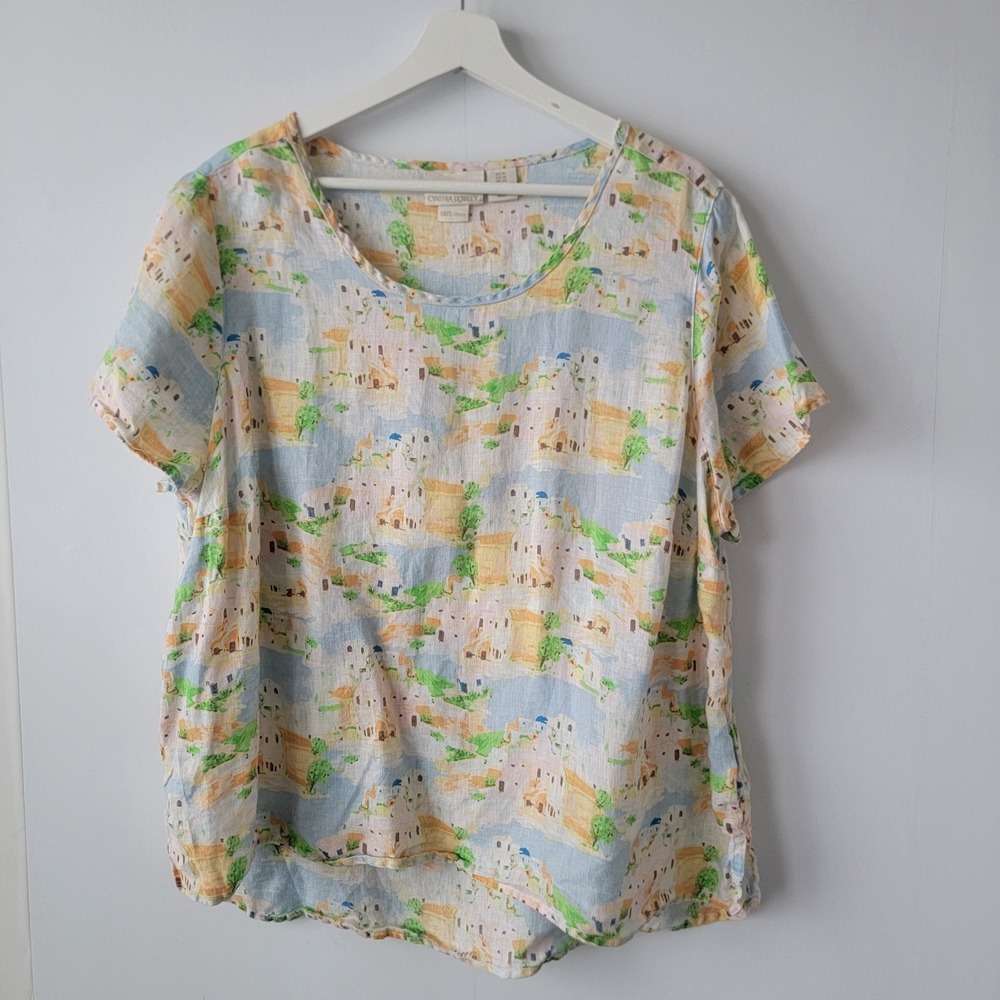 Cynthia Rowley Women's 100% Linen Greek Island Print Top size 1X beachy coastal
